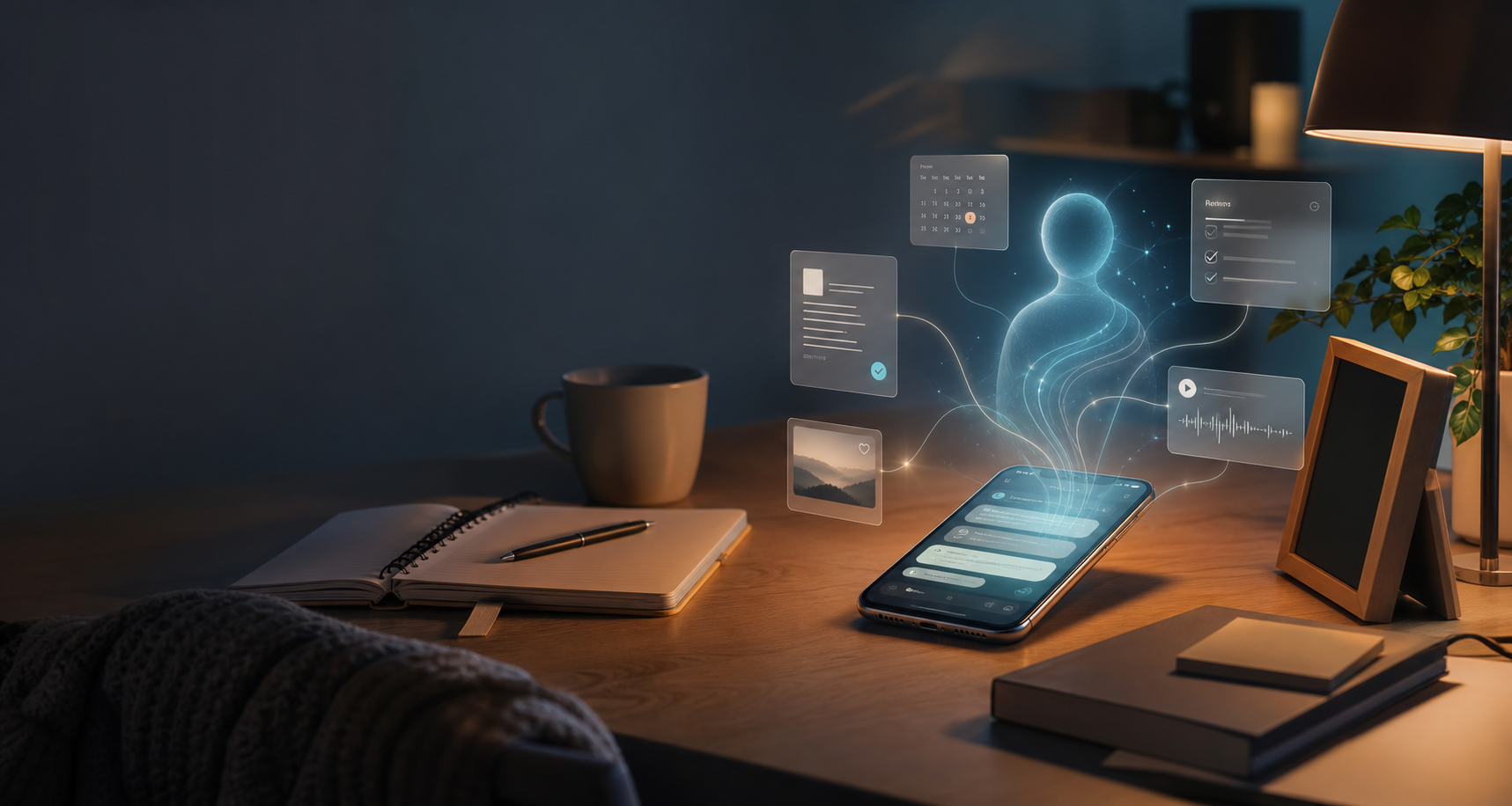 Mesa acolhedora com celular exibindo interface de conversa e uma presenca luminosa de IA conectada a lembretes, tarefas e documentos.